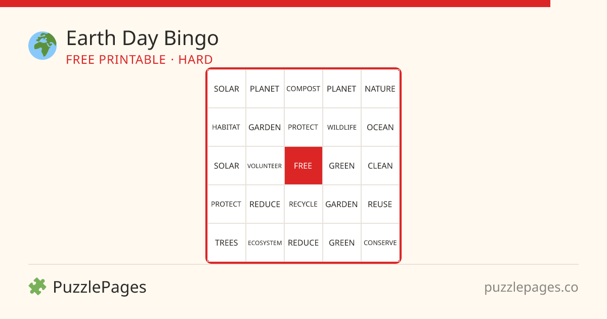 Earth Day Hard printable bingo preview — free to print from PuzzlePages