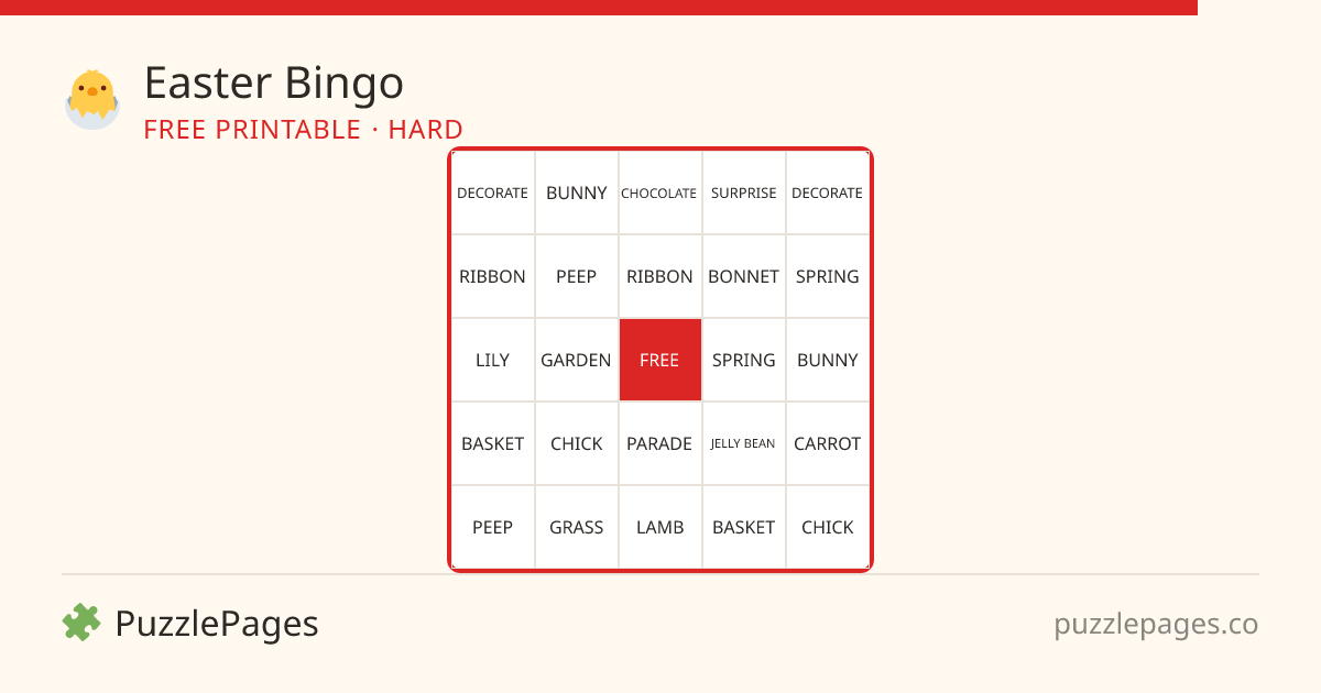 Easter Hard printable bingo preview — free to print from PuzzlePages