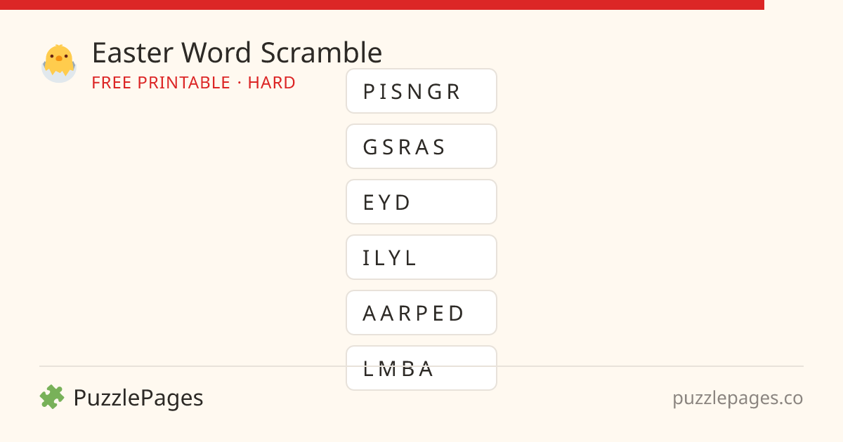Easter Hard printable word scramble preview — free to print from PuzzlePages