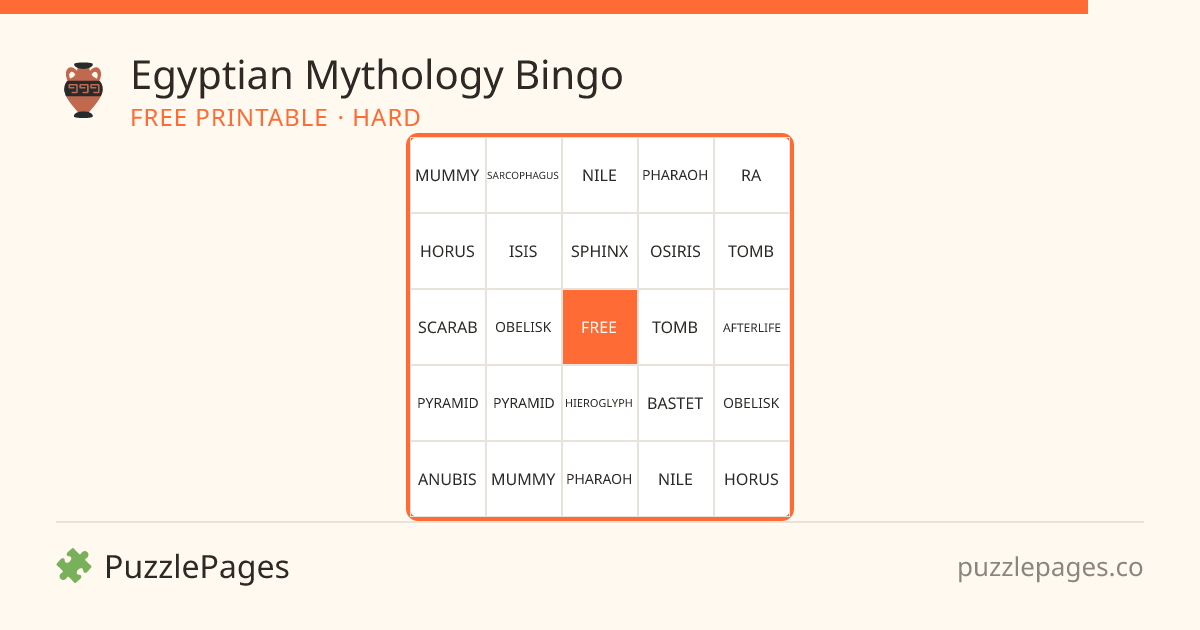 Egyptian Mythology Hard printable bingo preview — free to print from PuzzlePages