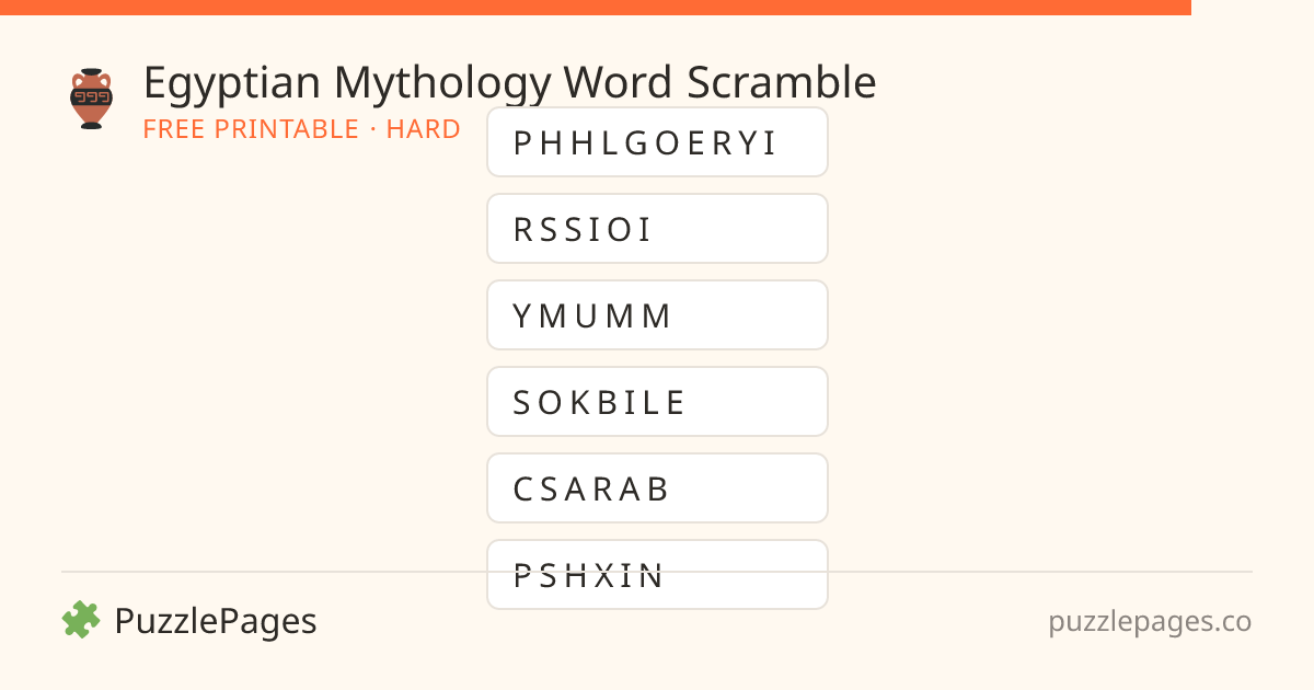 Egyptian Mythology Hard printable word scramble preview — free to print from PuzzlePages