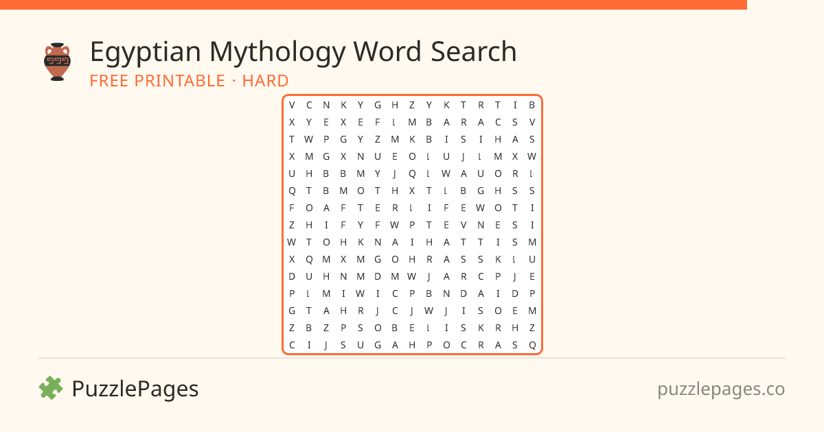 Egyptian Mythology Hard printable word search preview — free to print from PuzzlePages