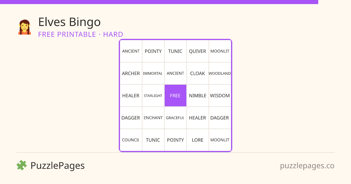 Elves Hard printable bingo preview — free to print from PuzzlePages