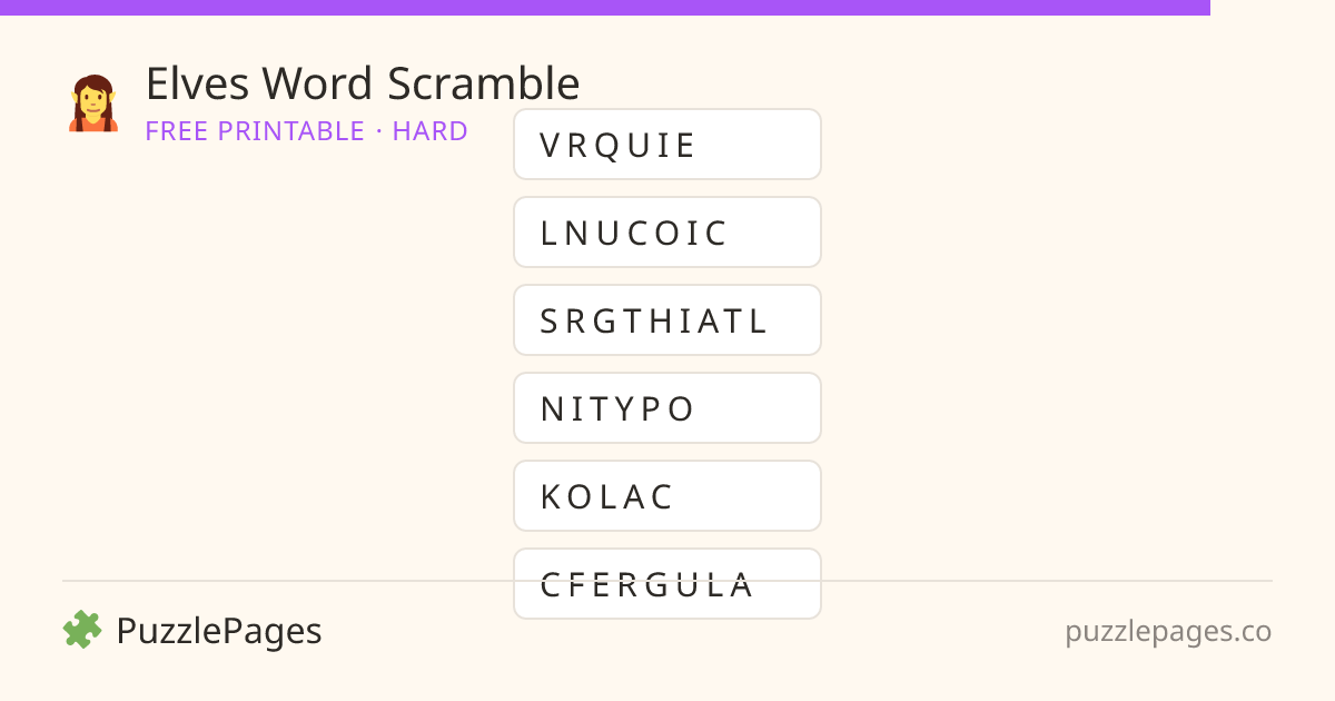 Elves Hard printable word scramble preview — free to print from PuzzlePages