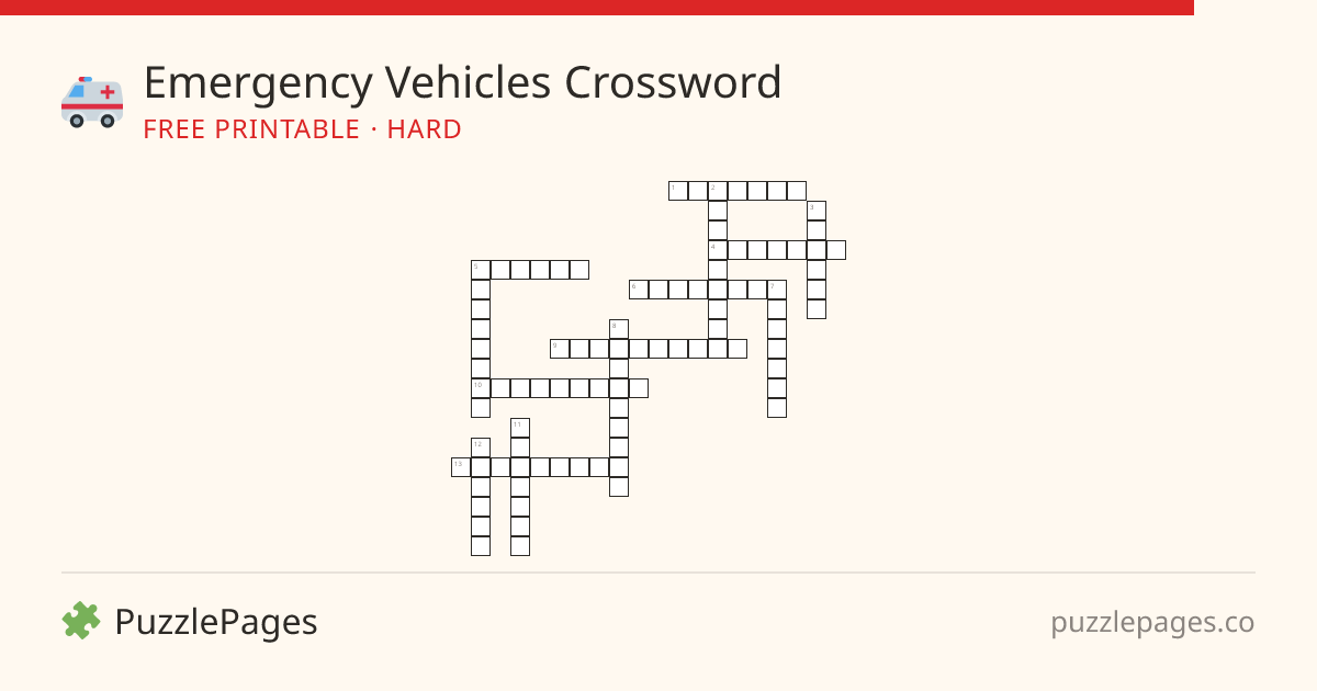 Emergency Vehicles Hard printable crossword preview — free to print from PuzzlePages