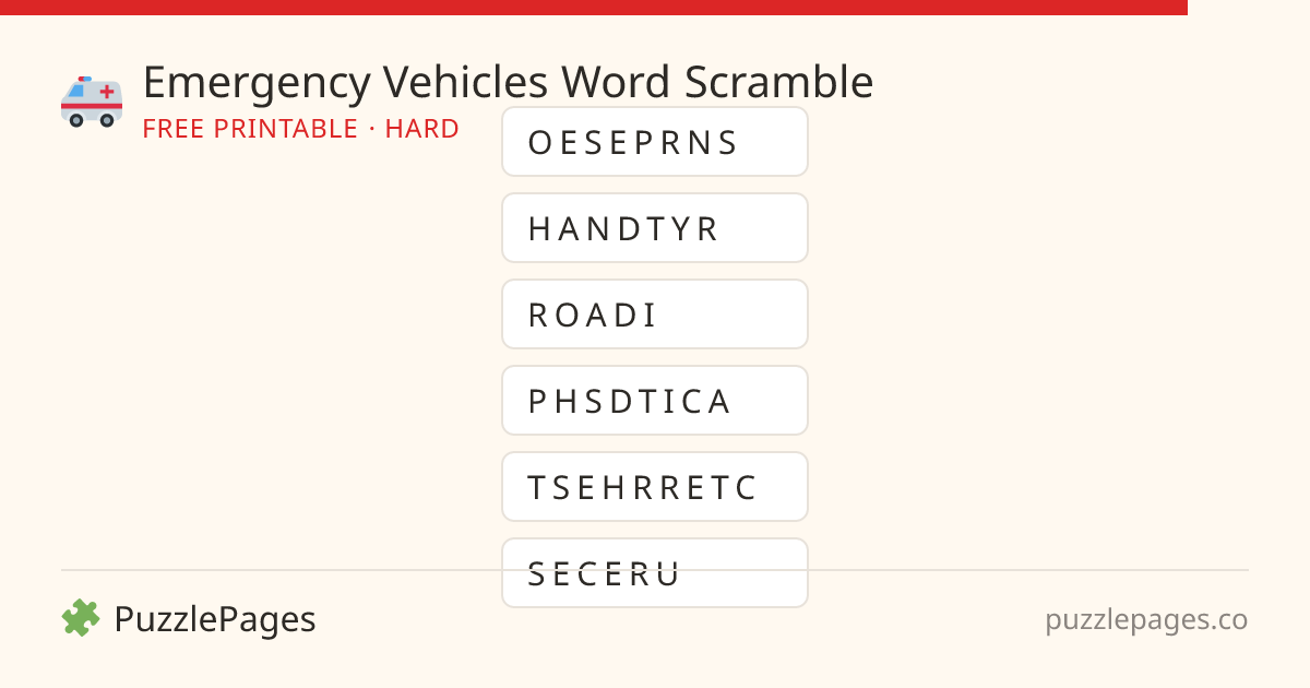 Emergency Vehicles Hard printable word scramble preview — free to print from PuzzlePages