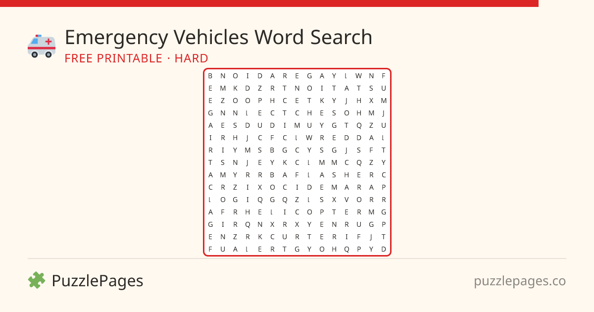 Emergency Vehicles Hard printable word search preview — free to print from PuzzlePages