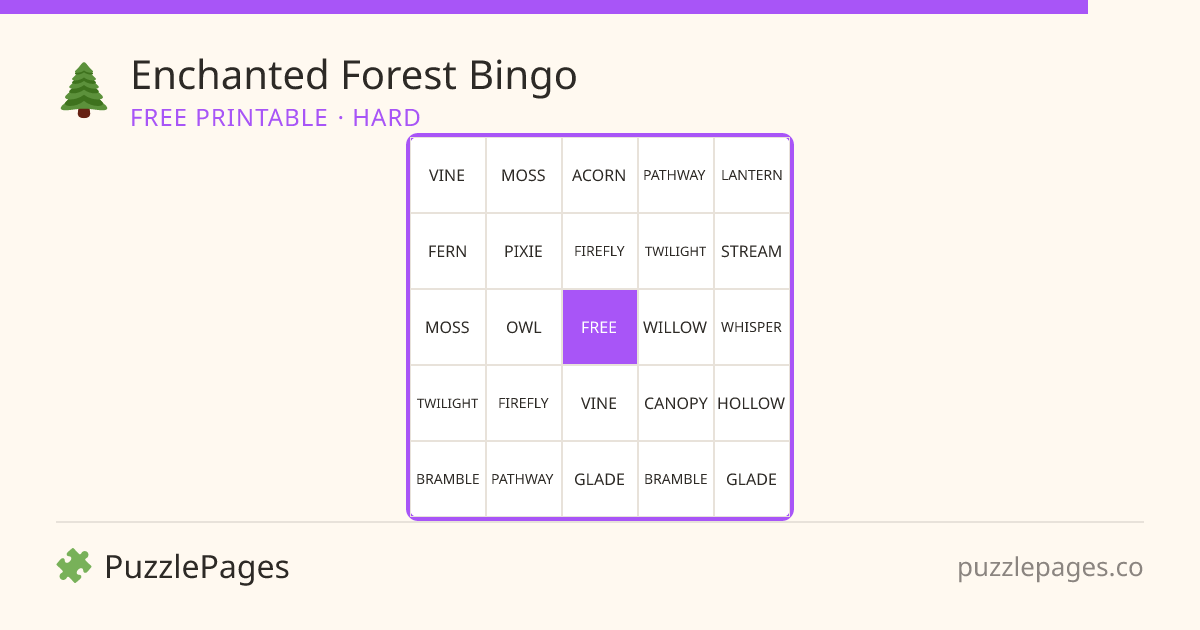 Enchanted Forest Hard printable bingo preview — free to print from PuzzlePages