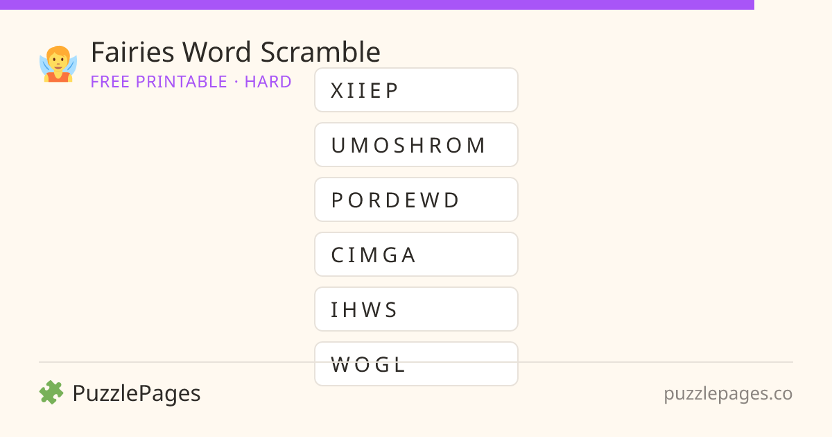 Fairies Hard printable word scramble preview — free to print from PuzzlePages