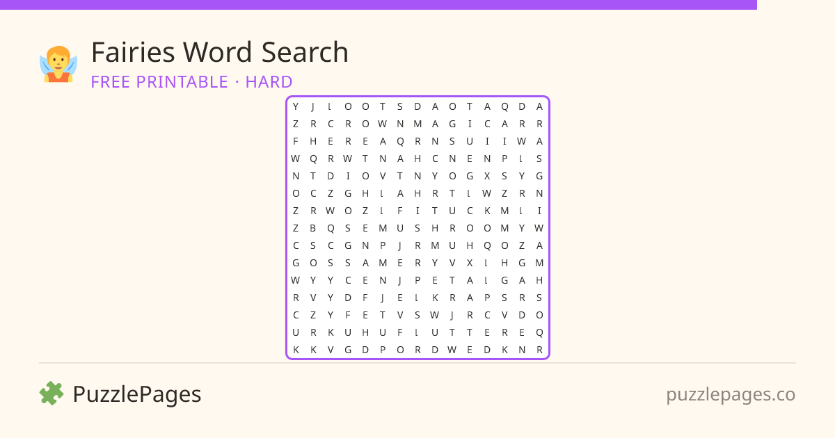 Fairies Hard printable word search preview — free to print from PuzzlePages