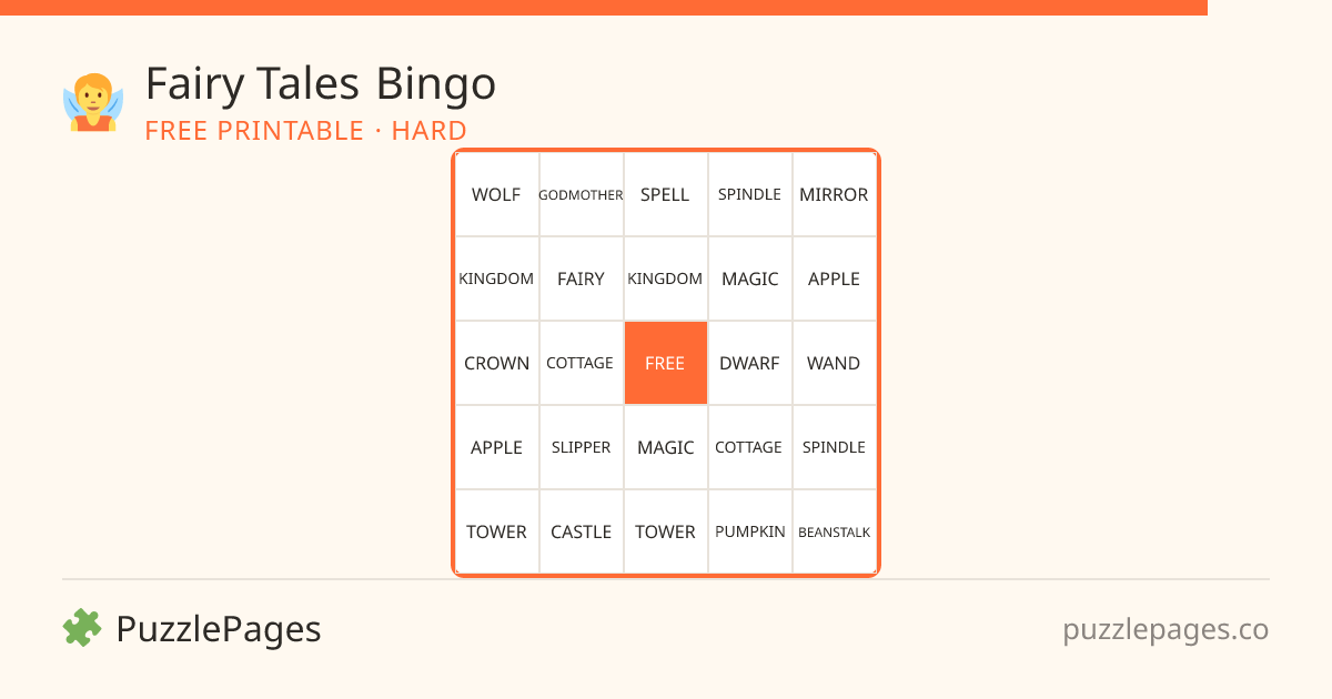 Fairy Tales Hard printable bingo preview — free to print from PuzzlePages