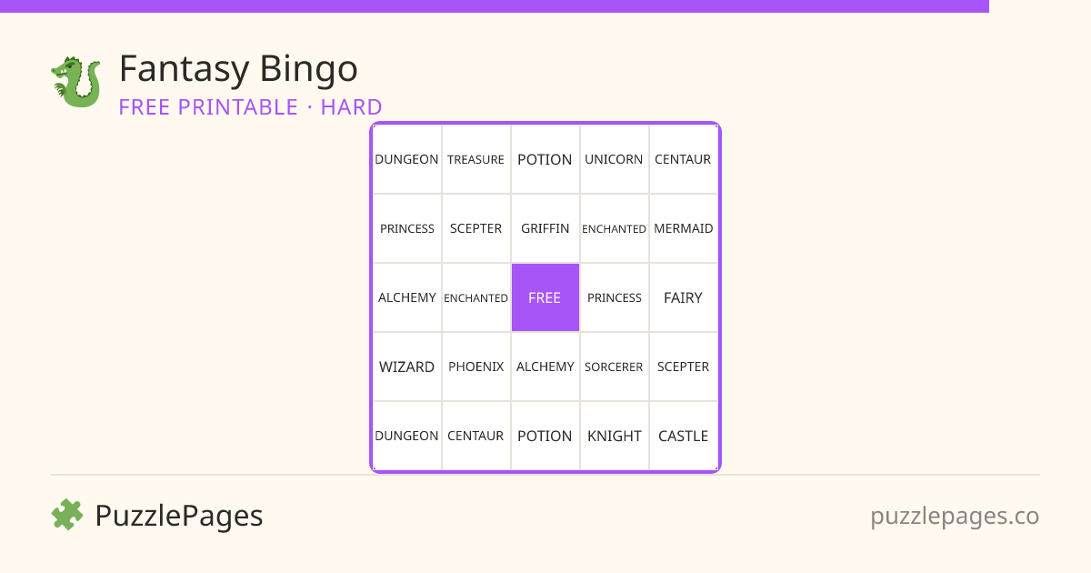 Fantasy Hard printable bingo preview — free to print from PuzzlePages
