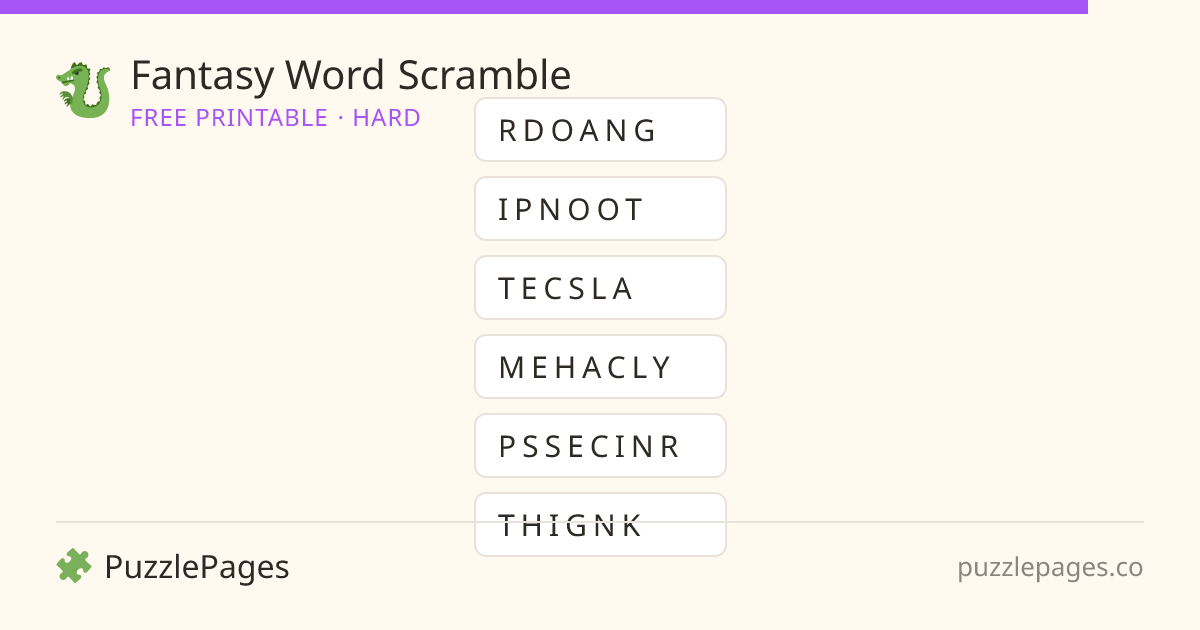 Fantasy Hard printable word scramble preview — free to print from PuzzlePages