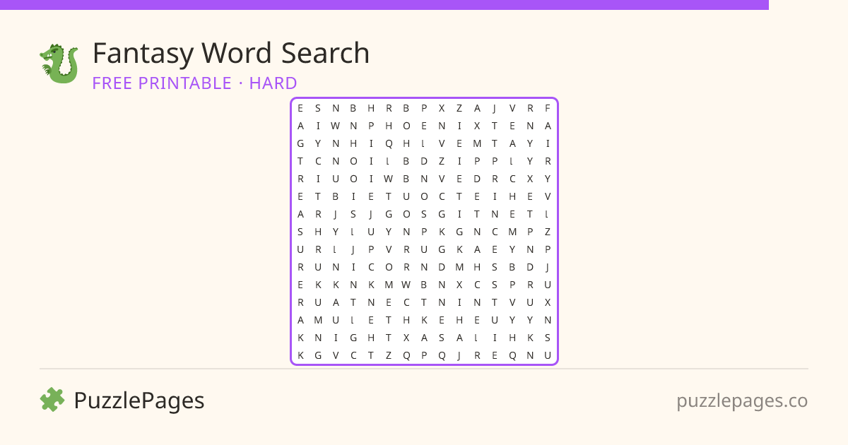 Fantasy Hard printable word search preview — free to print from PuzzlePages