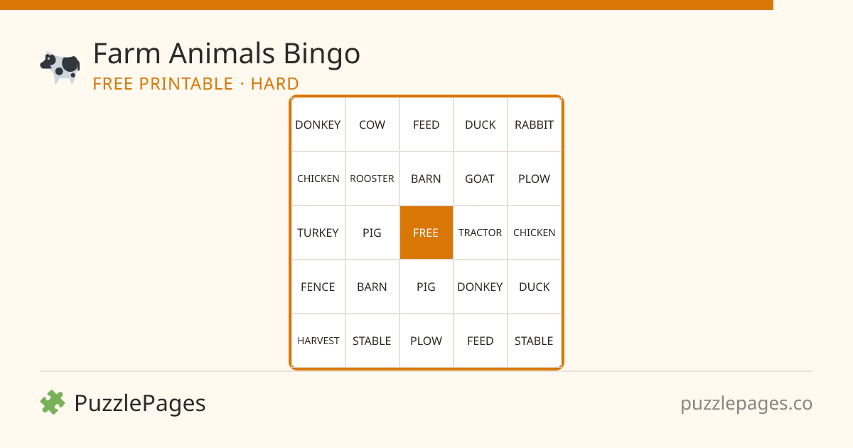Farm Animals Hard printable bingo preview — free to print from PuzzlePages