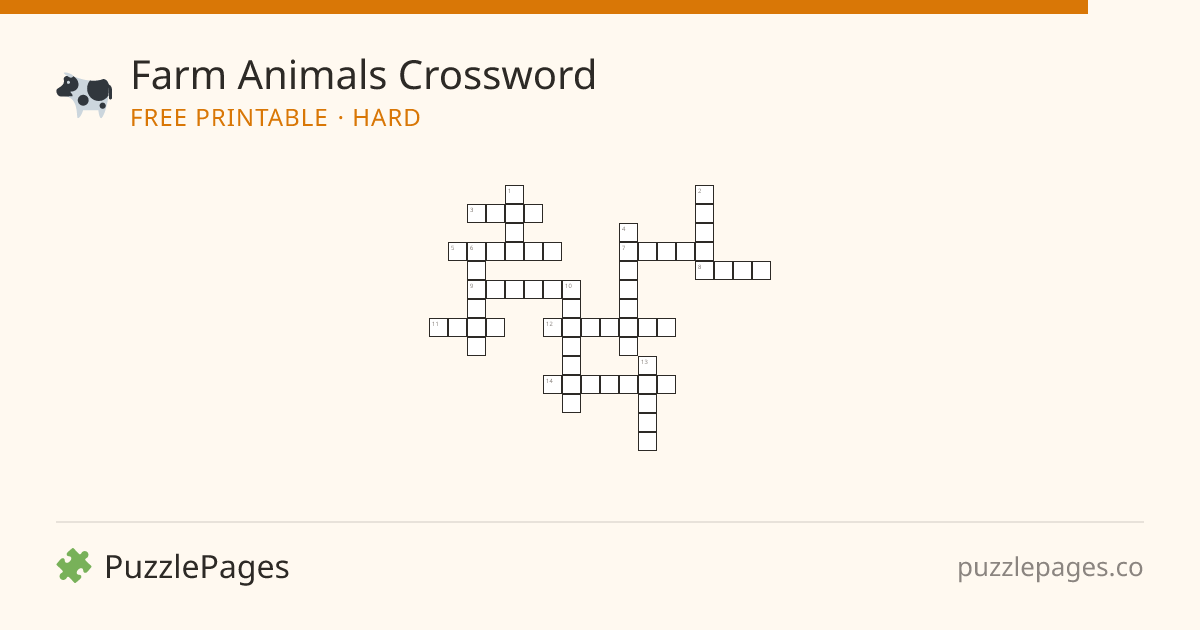 Farm Animals Hard printable crossword preview — free to print from PuzzlePages