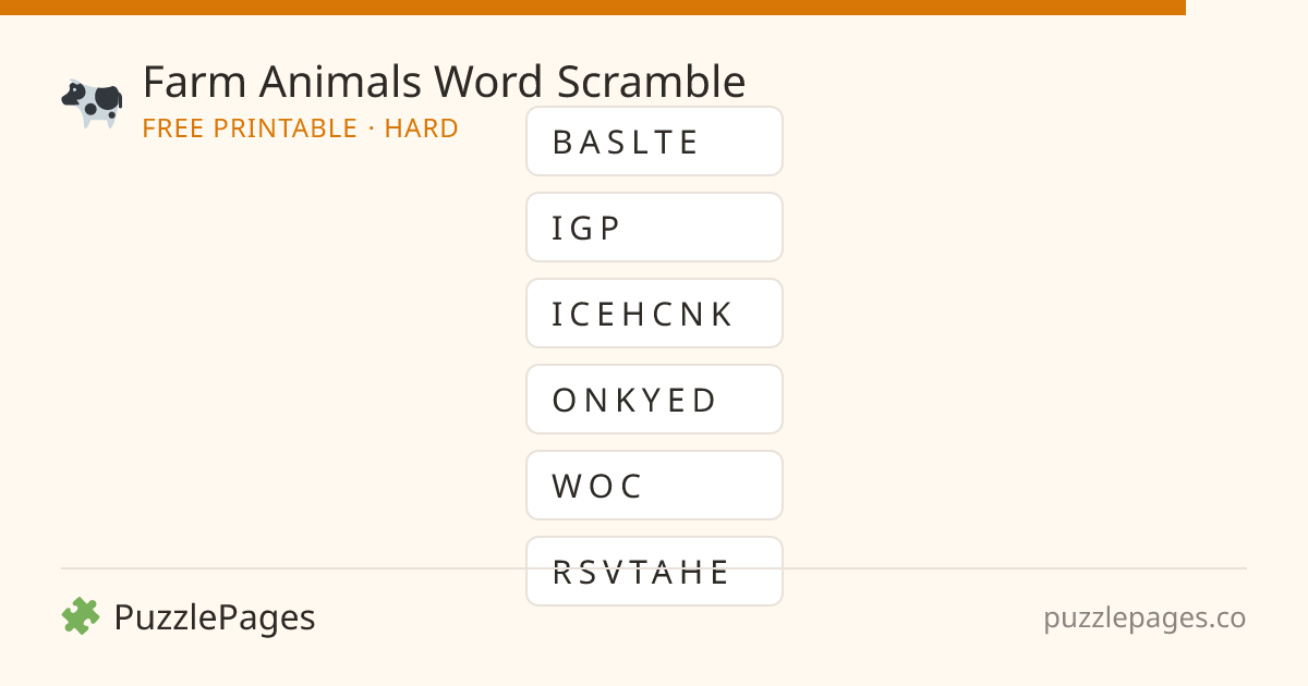 Farm Animals Hard printable word scramble preview — free to print from PuzzlePages