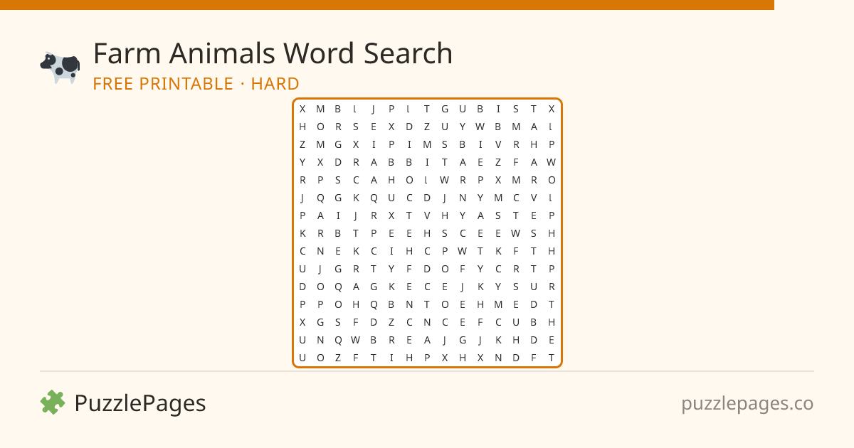 Farm Animals Hard printable word search preview — free to print from PuzzlePages