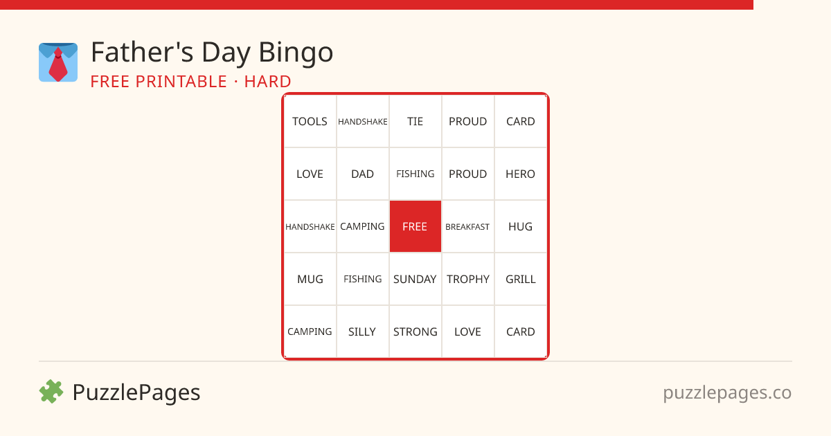 Father's Day Hard printable bingo preview — free to print from PuzzlePages