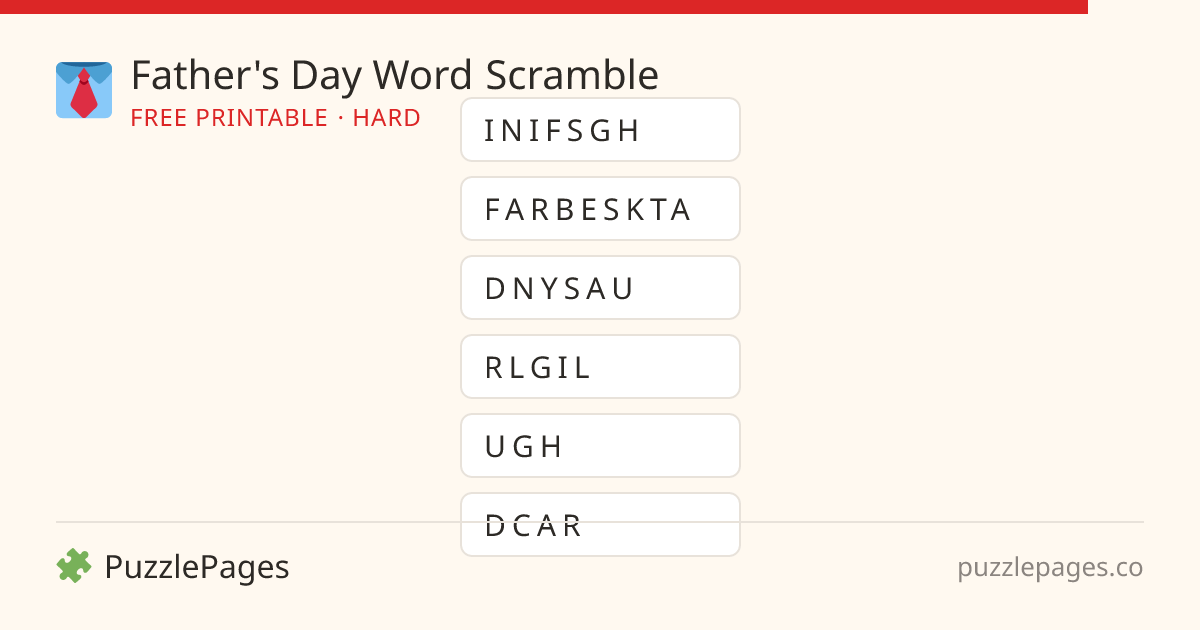 Father's Day Hard printable word scramble preview — free to print from PuzzlePages