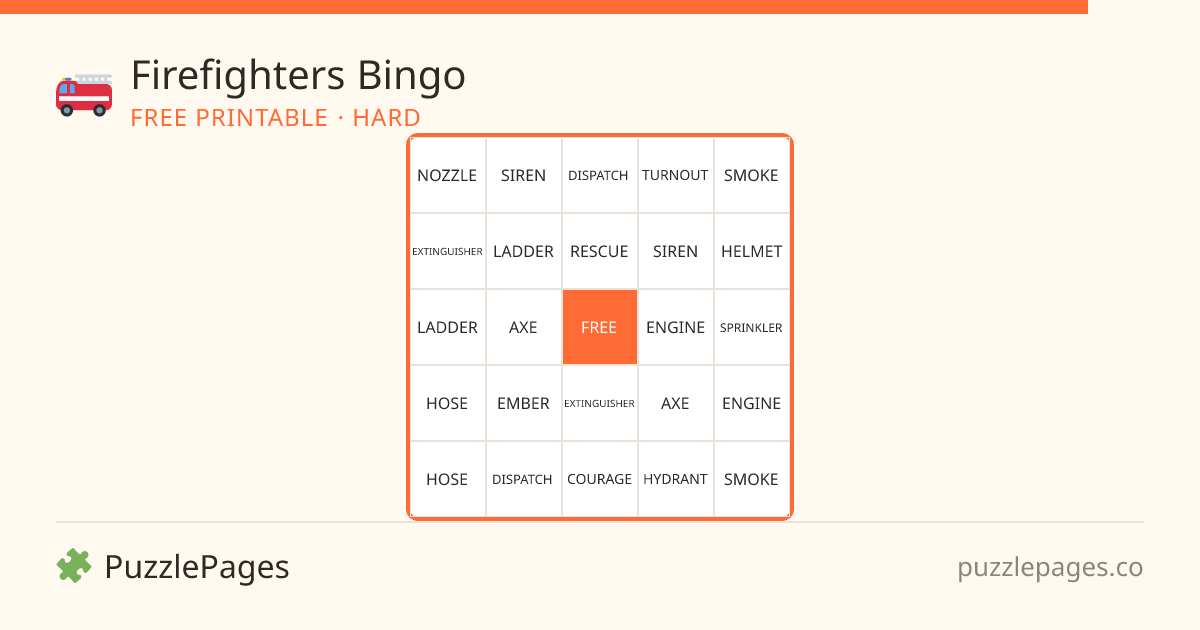 Firefighters Hard printable bingo preview — free to print from PuzzlePages