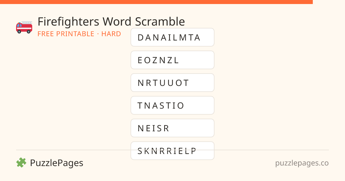 Firefighters Hard printable word scramble preview — free to print from PuzzlePages