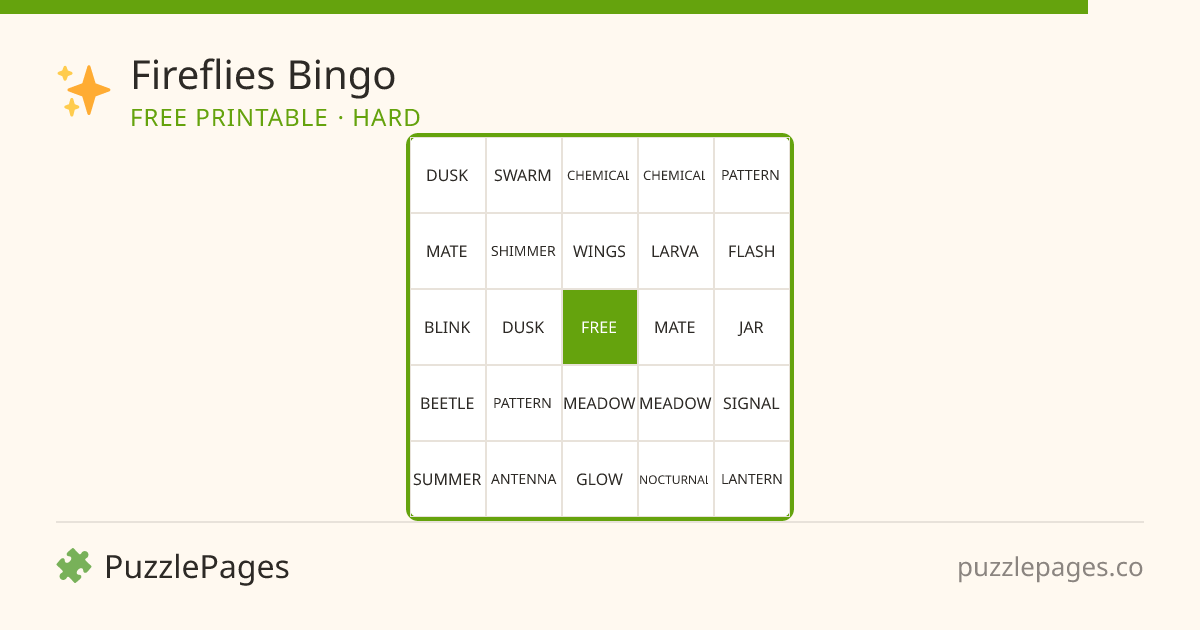 Fireflies Hard printable bingo preview — free to print from PuzzlePages