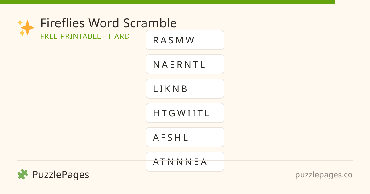 Fireflies Hard printable word scramble preview — free to print from PuzzlePages