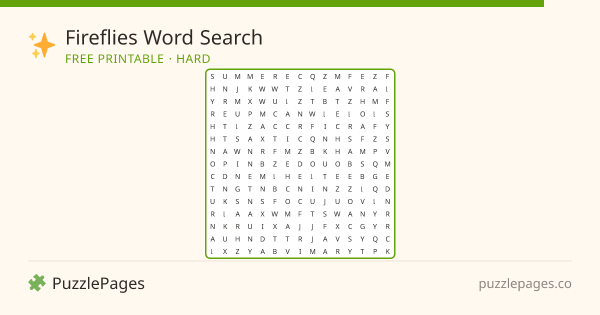 Fireflies Hard printable word search preview — free to print from PuzzlePages