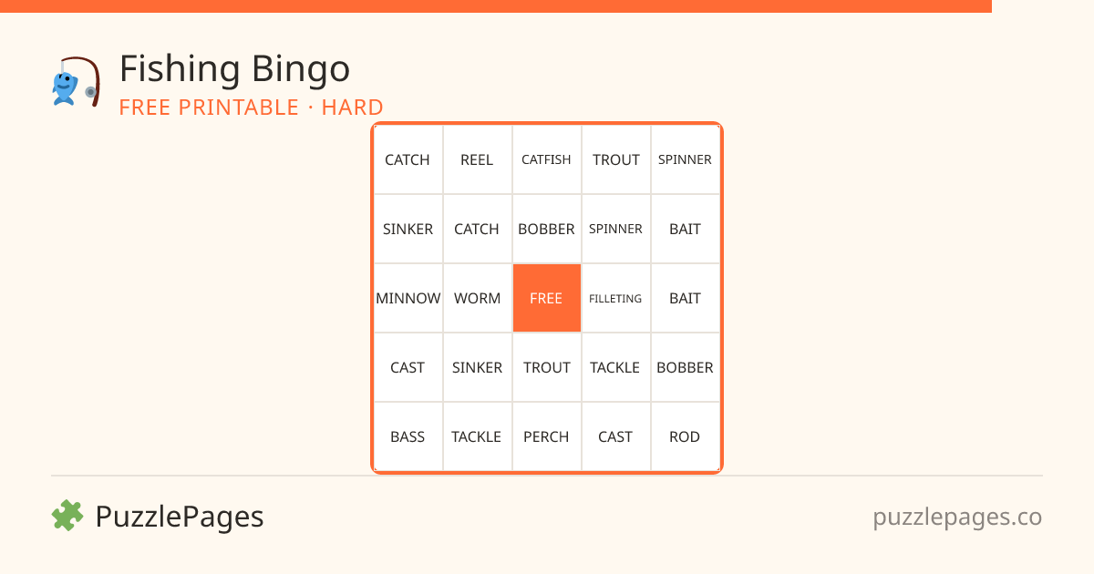 Fishing Hard printable bingo preview — free to print from PuzzlePages
