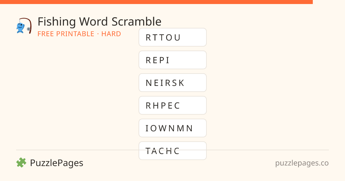Fishing Hard printable word scramble preview — free to print from PuzzlePages
