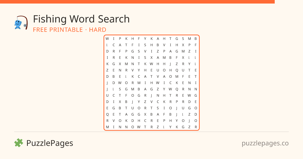 Fishing Hard printable word search preview — free to print from PuzzlePages
