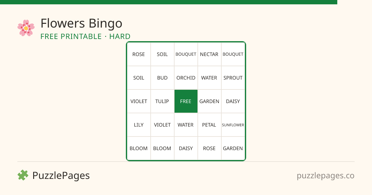 Flowers Hard printable bingo preview — free to print from PuzzlePages