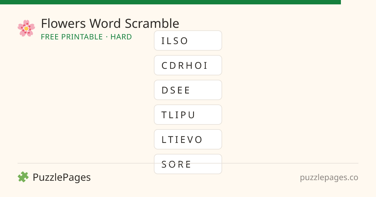 Flowers Hard printable word scramble preview — free to print from PuzzlePages