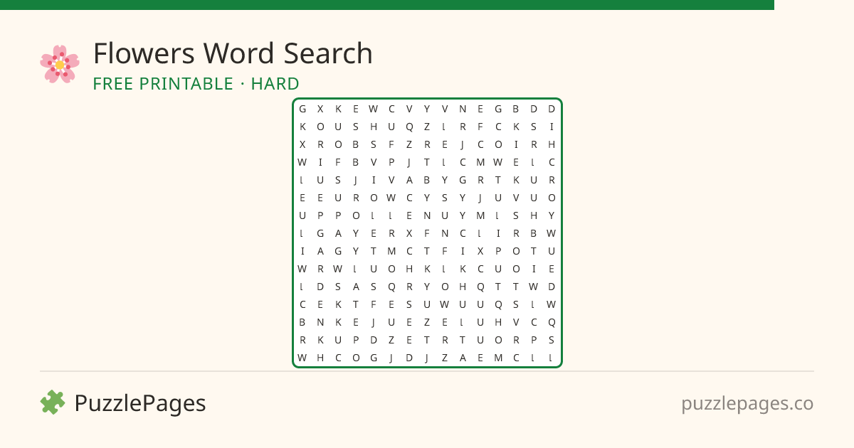 Flowers Hard printable word search preview — free to print from PuzzlePages