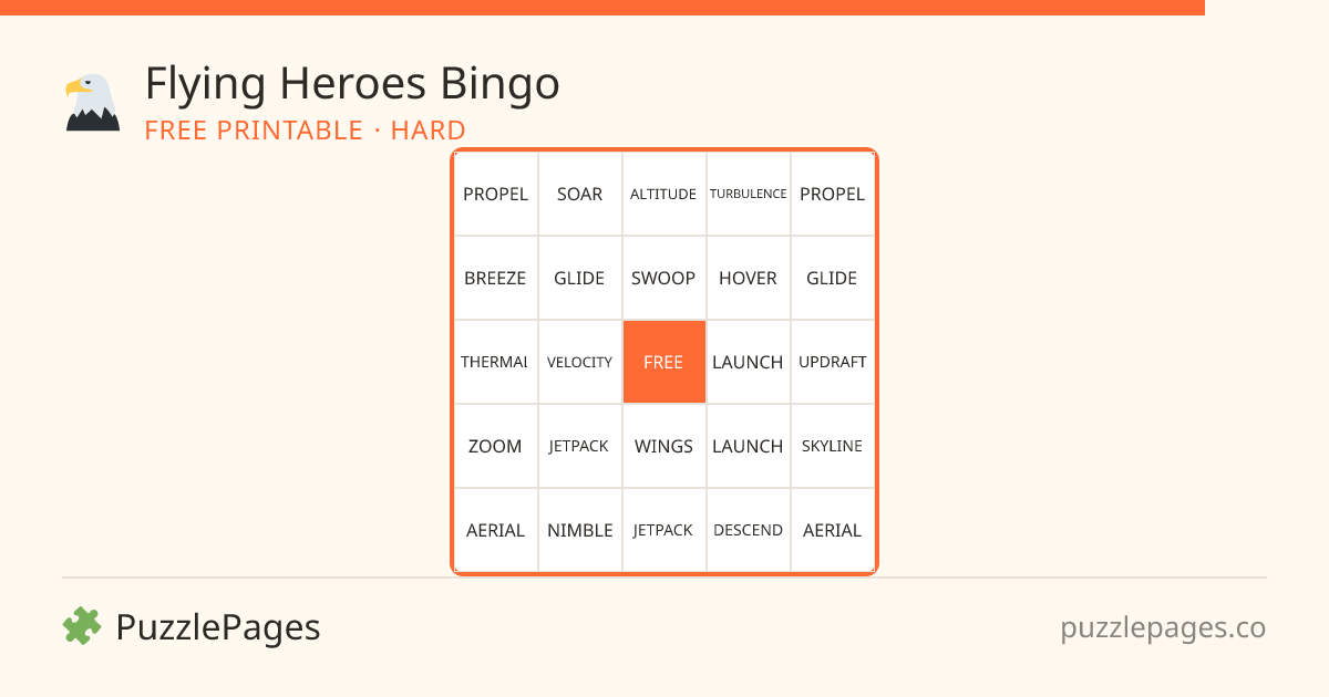 Flying Heroes Hard printable bingo preview — free to print from PuzzlePages