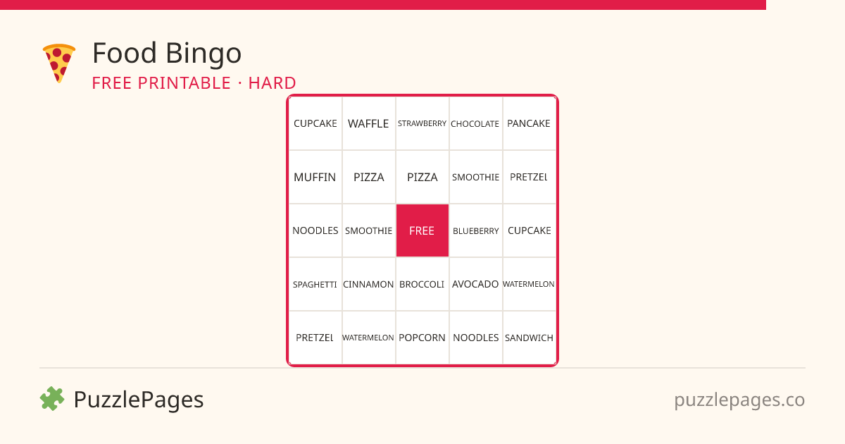 Food Hard printable bingo preview — free to print from PuzzlePages