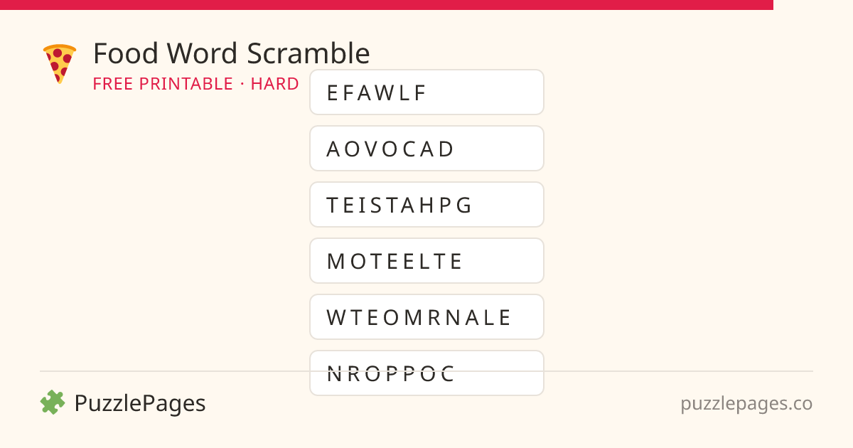 Food Hard printable word scramble preview — free to print from PuzzlePages