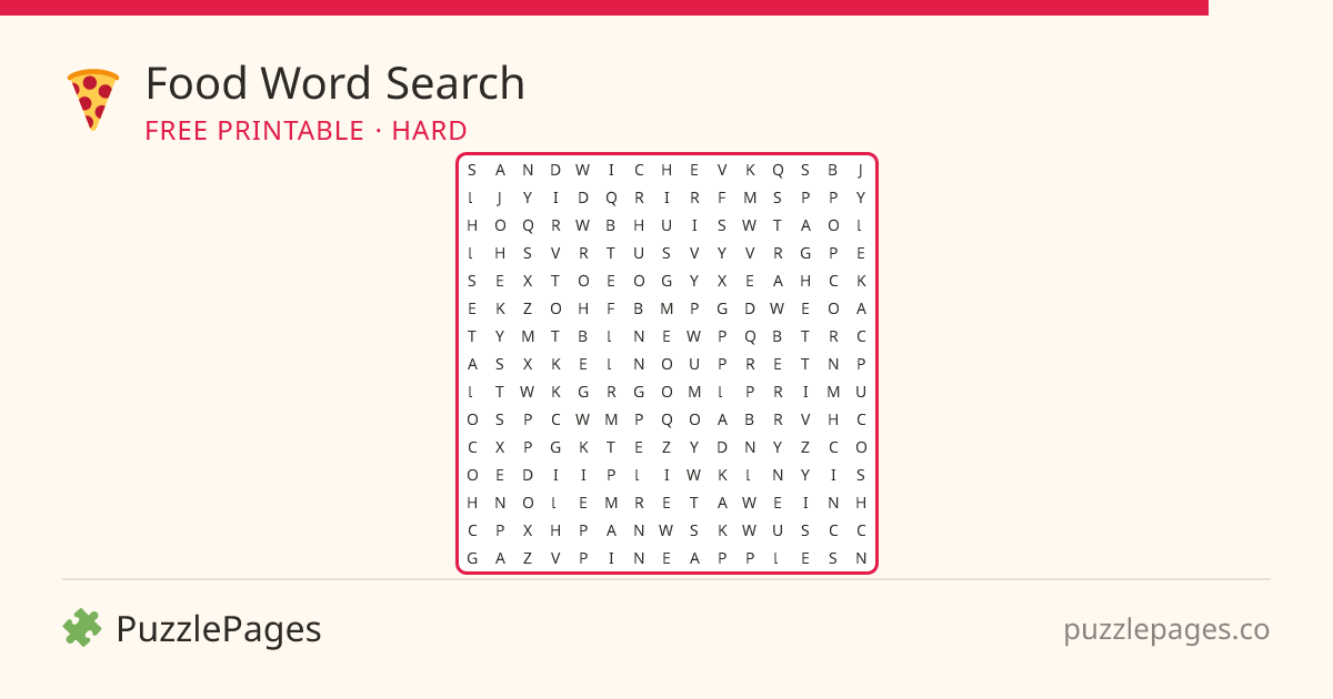 Food Hard printable word search preview — free to print from PuzzlePages
