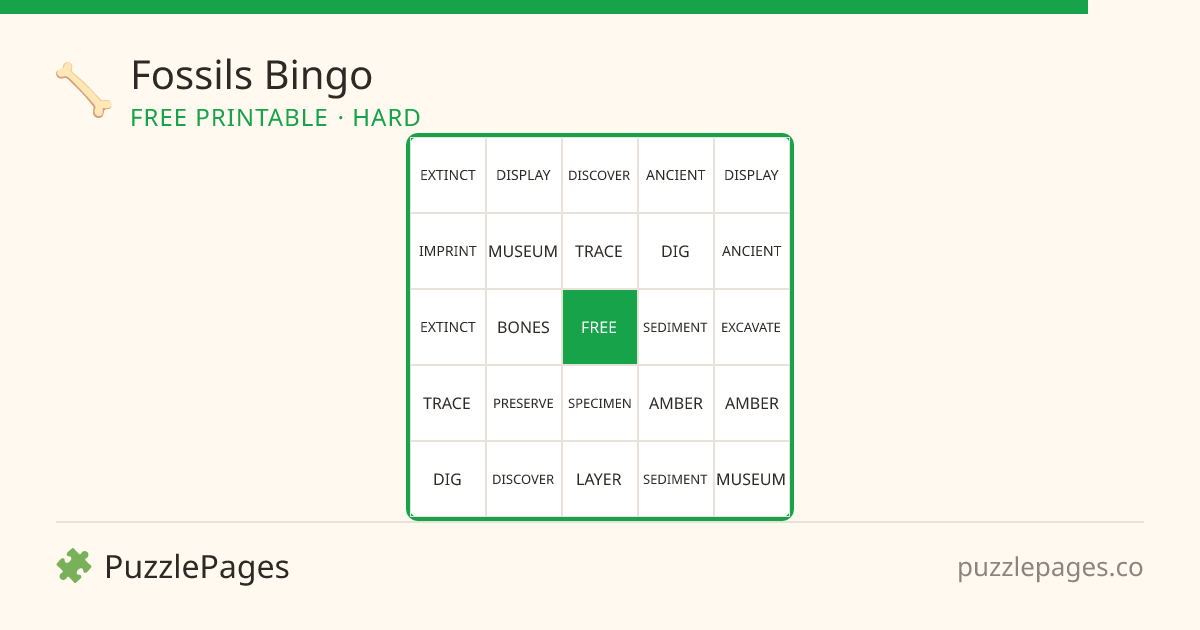Fossils Hard printable bingo preview — free to print from PuzzlePages