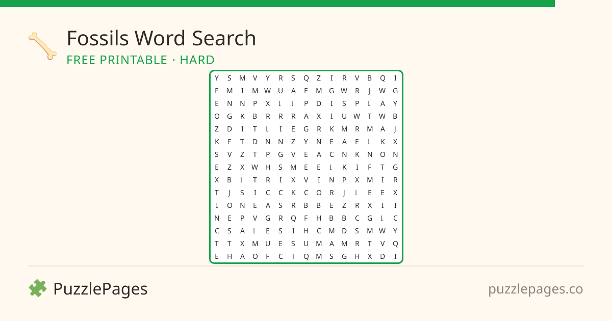 Fossils Hard printable word search preview — free to print from PuzzlePages