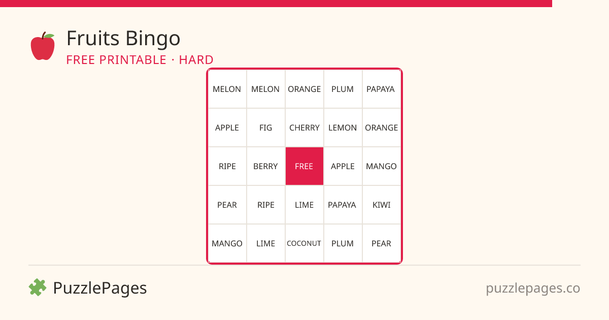 Fruits Hard printable bingo preview — free to print from PuzzlePages