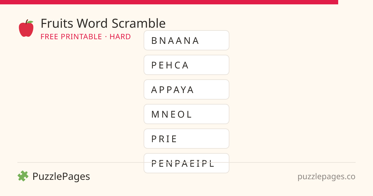 Fruits Hard printable word scramble preview — free to print from PuzzlePages