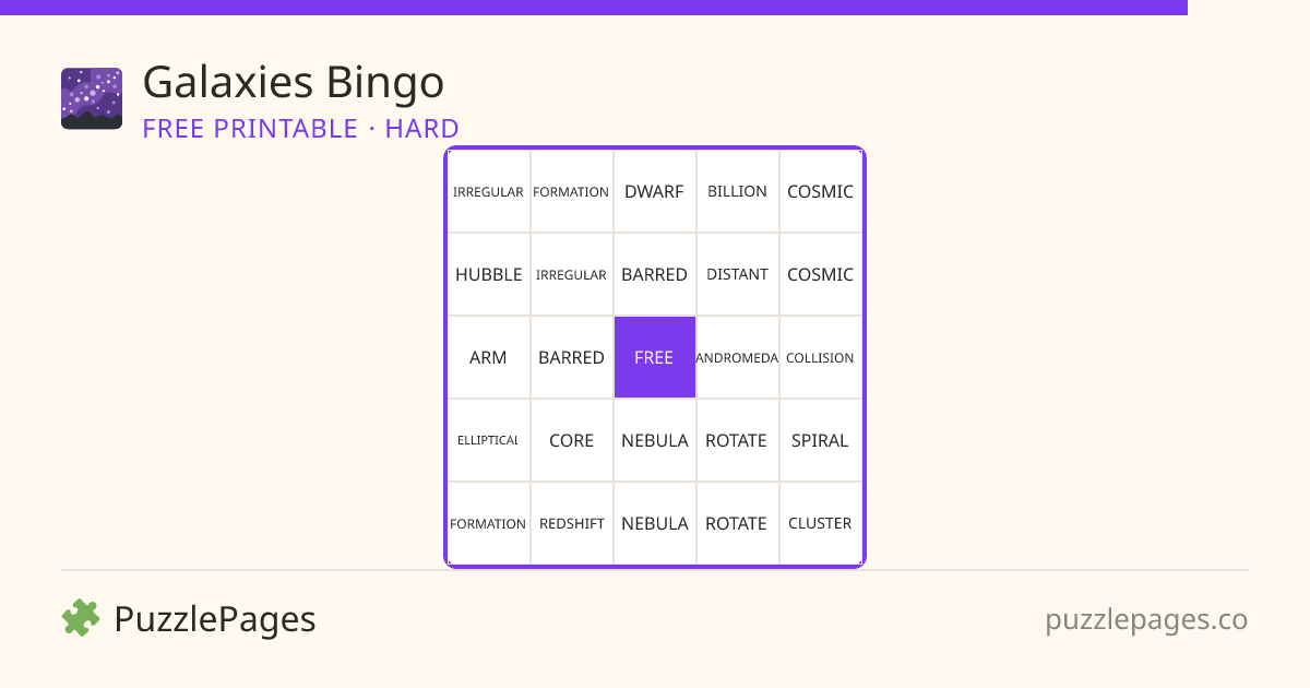 Galaxies Hard printable bingo preview — free to print from PuzzlePages