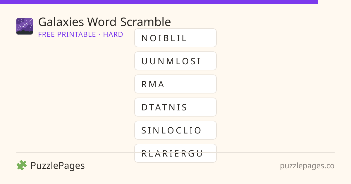 Galaxies Hard printable word scramble preview — free to print from PuzzlePages