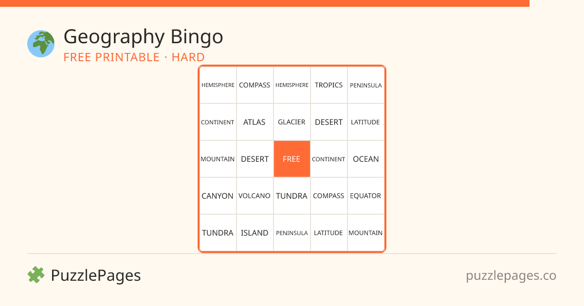 Geography Hard printable bingo preview — free to print from PuzzlePages