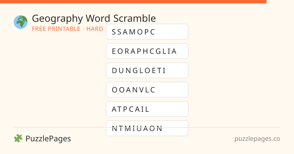 Geography Hard printable word scramble preview — free to print from PuzzlePages