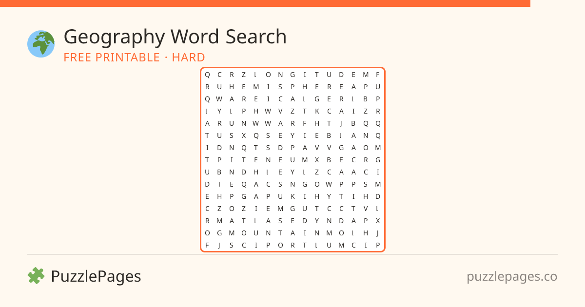 Geography Hard printable word search preview — free to print from PuzzlePages