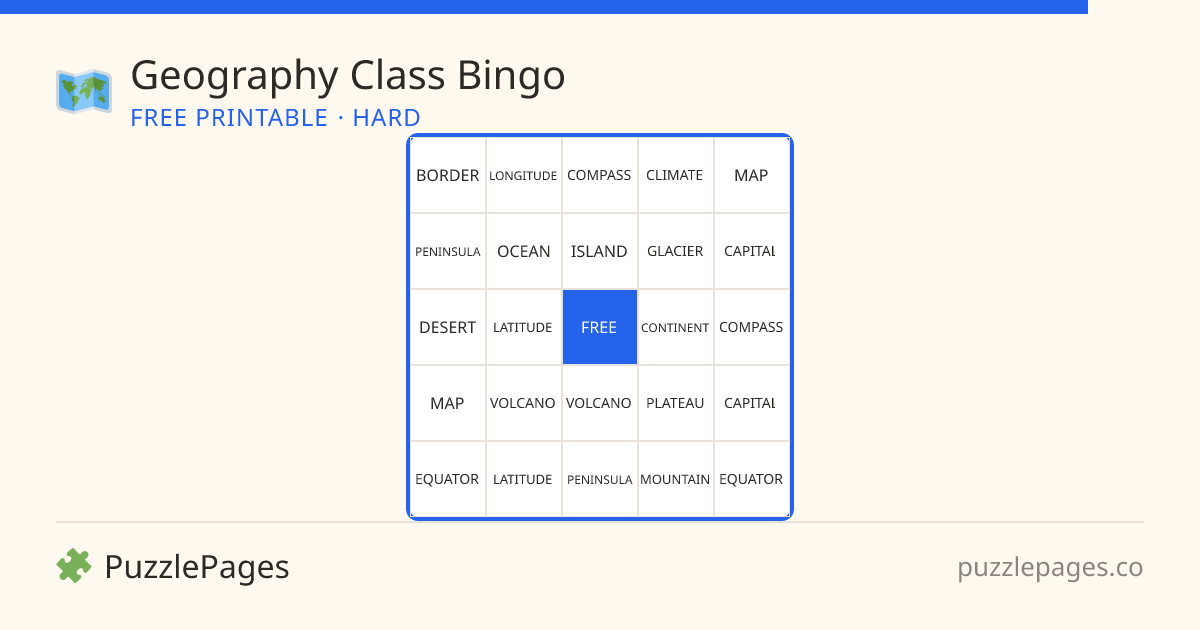 Geography Class Hard printable bingo preview — free to print from PuzzlePages