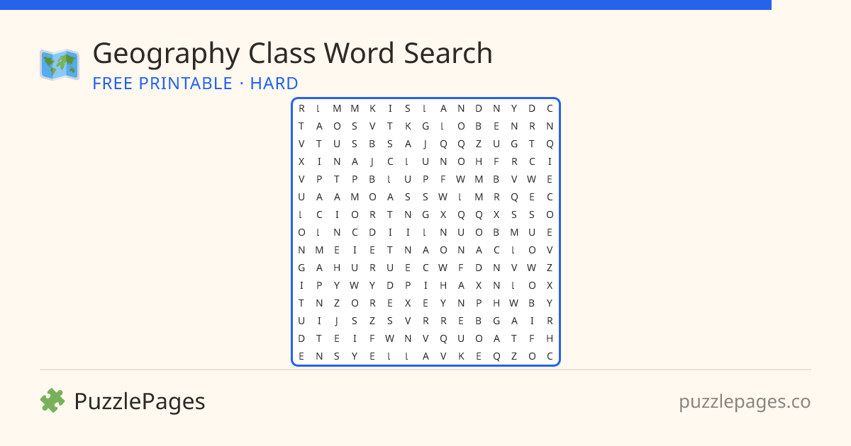 Geography Class Hard printable word search preview — free to print from PuzzlePages